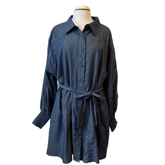 Ciebon Womens Plus 1X Chambray Lined Embroidered Denim Shirt Dress Western Boho - Picture 1 of 13